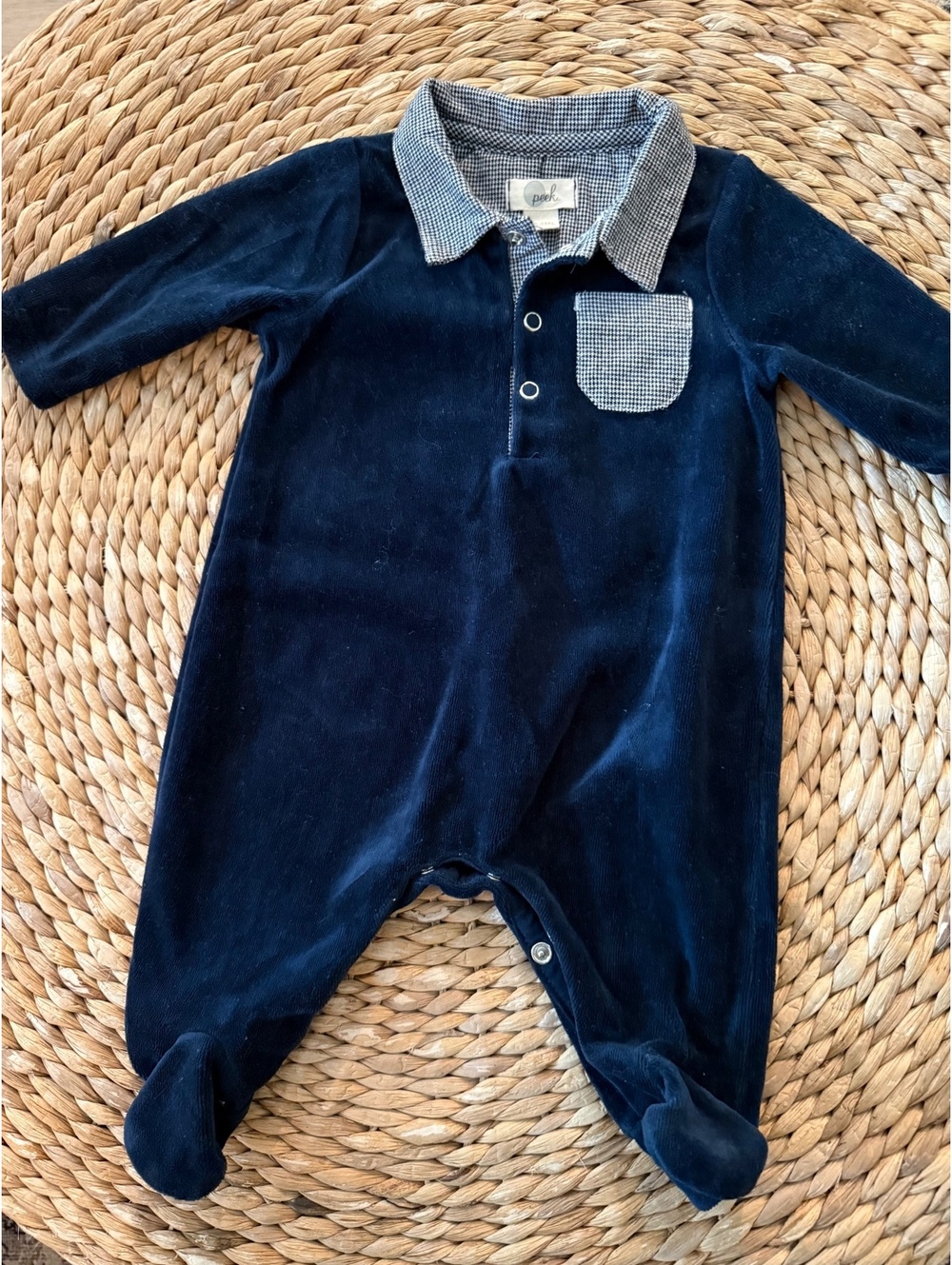 Peek Boys Velour Footed Romper Sz 0-3 Months EUC
